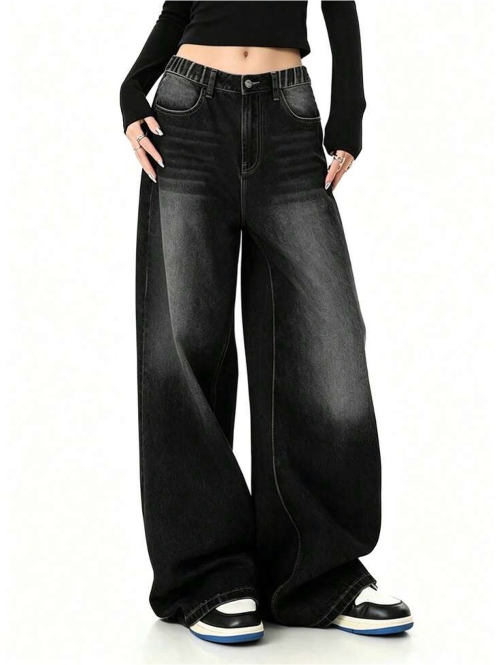 Wide Leg High-Waist Women's Jeans in Washed Black